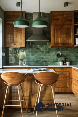 Rustic Charm: Wooden Kitchen with Green Tile Backsplash | Material Depot