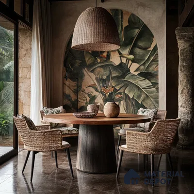Rustic Dining Area with Woven Furniture and Tropical Mural | Material Depot