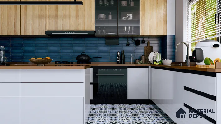Rustic Elegance Kitchen with Deep Blue Backsplash and Patterned Flooring | Material Depot