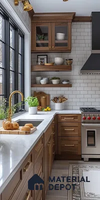 Rustic Elegance: Warm Walnut Cabinetry Meets Sleek Subway Tiles in a Chic Kitchen | Material Depot