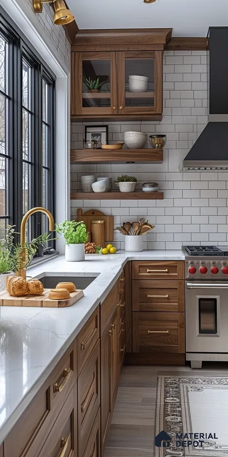 Rustic Elegance: Warm Walnut Cabinetry Meets Sleek Subway Tiles in a Chic Kitchen | Material Depot