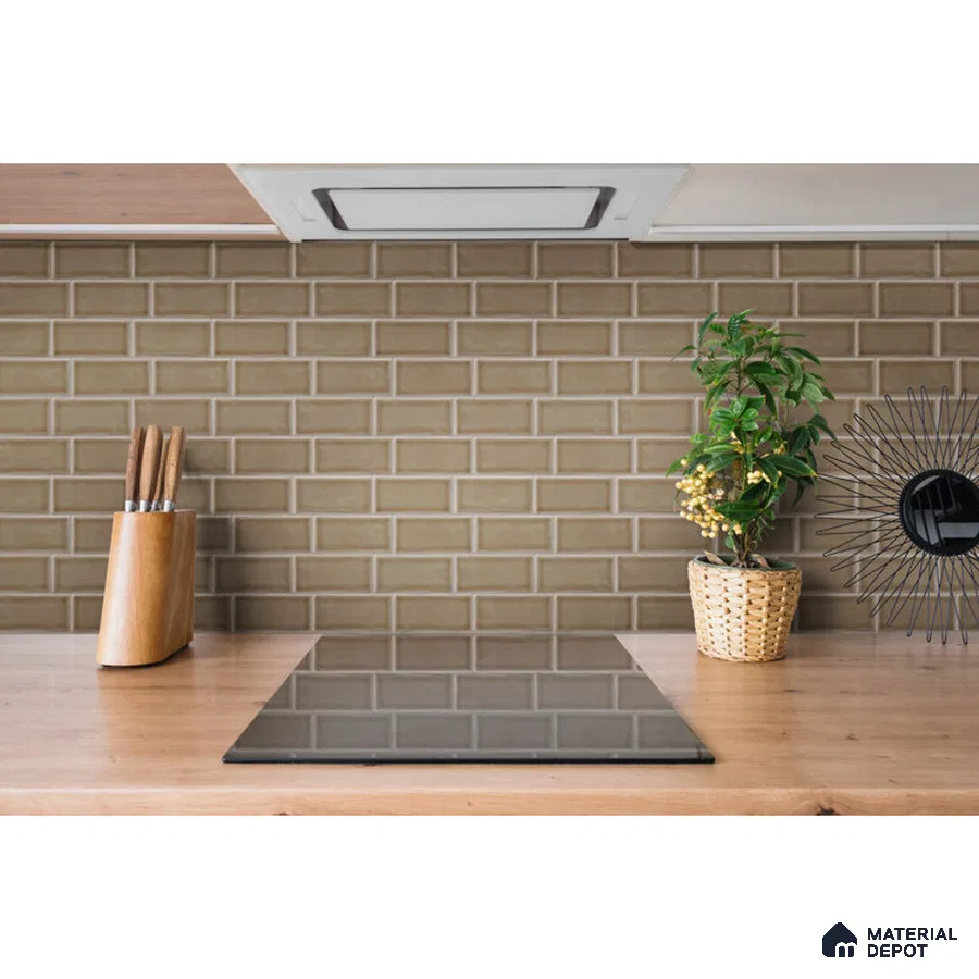 Rustic Elegance Wooden Countertop with Brown Tiled Backsplash | Material Depot