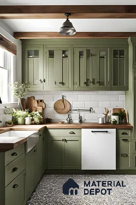 Rustic Farmhouse Kitchen with Sage Green Cabinets | Material Depot
