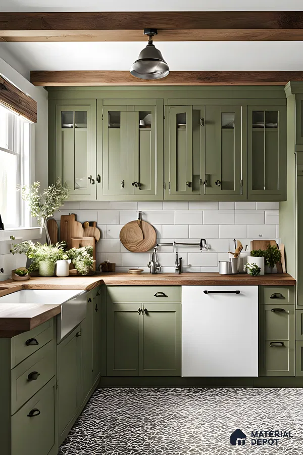 Rustic Farmhouse Kitchen with Sage Green Cabinets | Material Depot