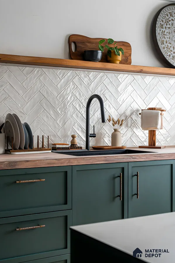 Rustic Green Kitchen with Herringbone Backsplash | Material Depot