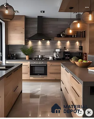 Rustic Industrial Kitchen With Oak Cabinets, Charcoal Surfaces & Dark Wood Cladding | Material Depot