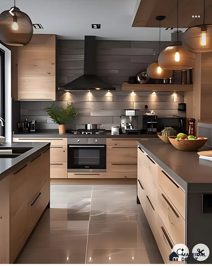 Rustic Industrial Kitchen With Oak Cabinets, Charcoal Surfaces & Dark Wood Cladding | Material Depot