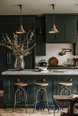 Rustic Kitchen Charm: Deep Green and Marble | Material Depot