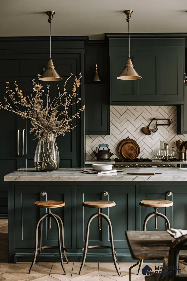 Rustic Kitchen Charm: Deep Green and Marble | Material Depot