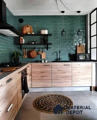 Rustic kitchen featuring natural wood cabinets, teal subway tiles, and cozy earthy accents. | Material Depot