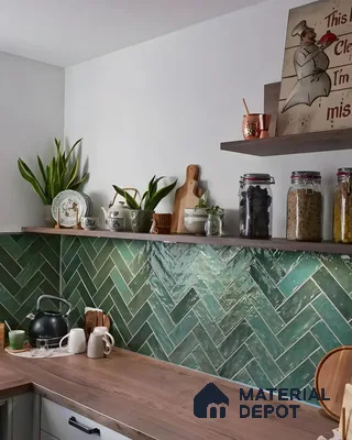 Rustic Kitchen with Green Chevron Tile Backsplash | Material Depot