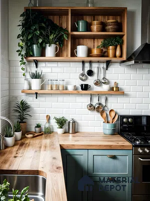 Rustic Kitchen with Greenery and Open Shelving and white backspalsh | Material Depot