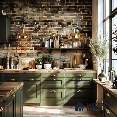 Rustic kitchen with olive green cabinets, brick backsplash, and brass accents for a vintage charm. | Material Depot