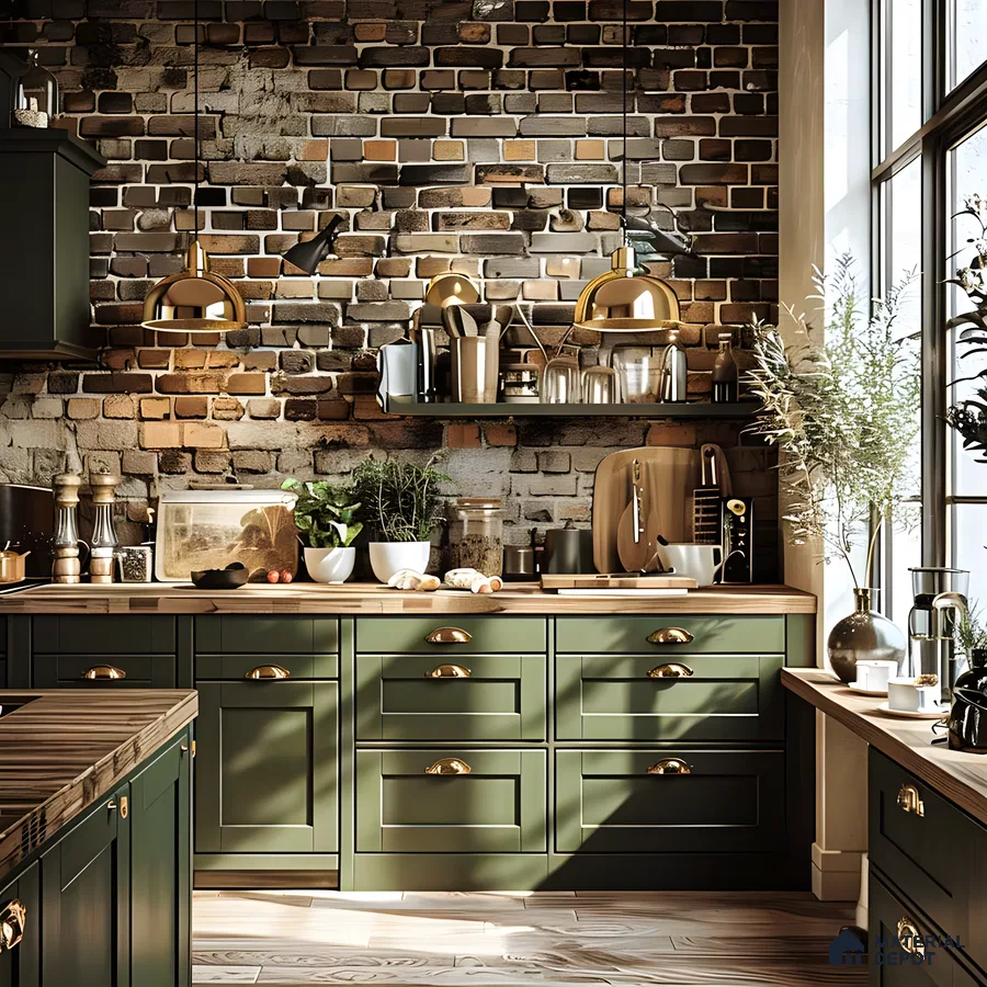 Rustic kitchen with olive green cabinets, brick backsplash, and brass accents for a vintage charm. | Material Depot