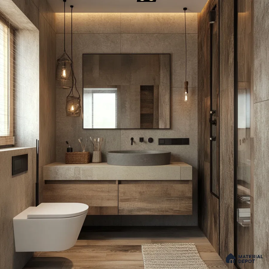 Rustic Modern Bathroom Featuring Concrete Elements and Wooden Accents | Material Depot
