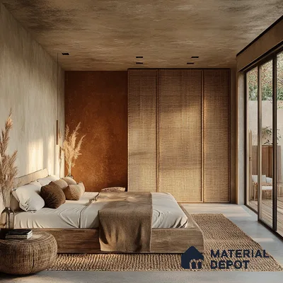 Rustic Modern Bedroom Design with Textured Walls and Woven Wardrobe Vaishnavi Serene Yelahanka | Material Depot