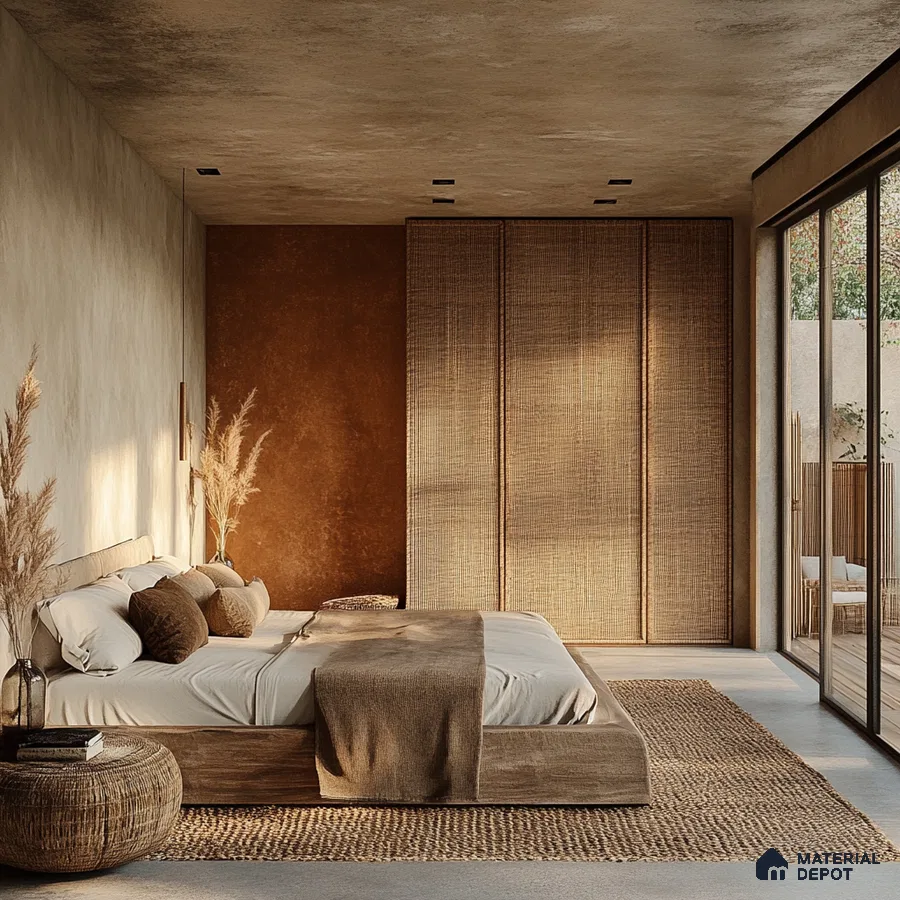 Rustic Modern Bedroom Design with Textured Walls and Woven Wardrobe Vaishnavi Serene Yelahanka | Material Depot