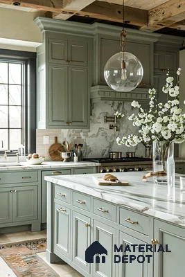 Rustic Modern Fusion: Kitchen with Green Cabinetry and Marble Accents | Material Depot