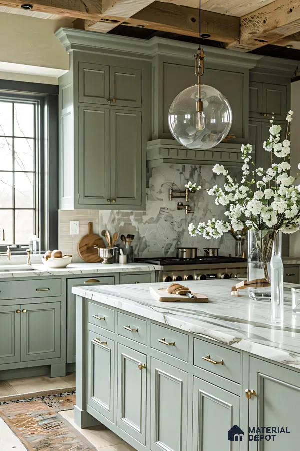 Rustic Modern Fusion: Kitchen with Green Cabinetry and Marble Accents | Material Depot