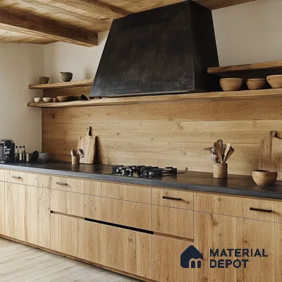 Rustic Modern Kitchen with Wood Accents and Black Hood | Material Depot