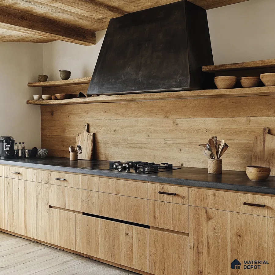 Rustic Modern Kitchen with Wood Accents and Black Hood | Material Depot
