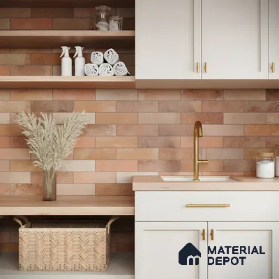 Rustic Modern Laundry Room with Brick Tile Backsplash Purva Tivoli Hills Devanahalli | Material Depot