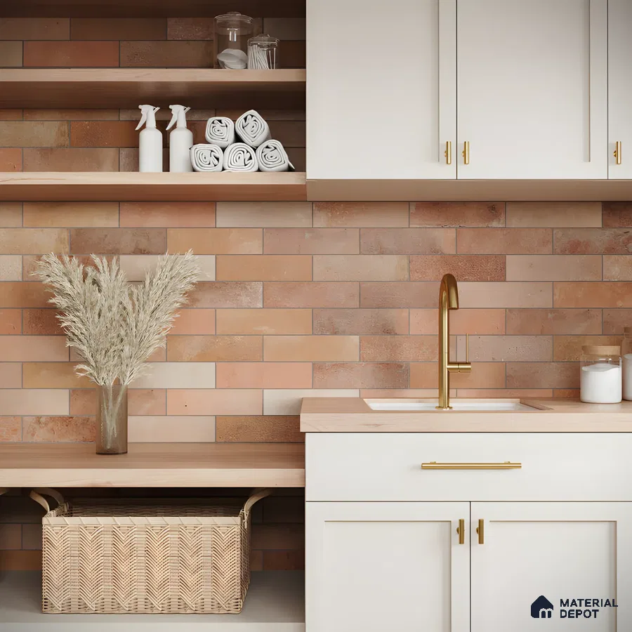 Rustic Modern Laundry Room with Brick Tile Backsplash Purva Tivoli Hills Devanahalli | Material Depot