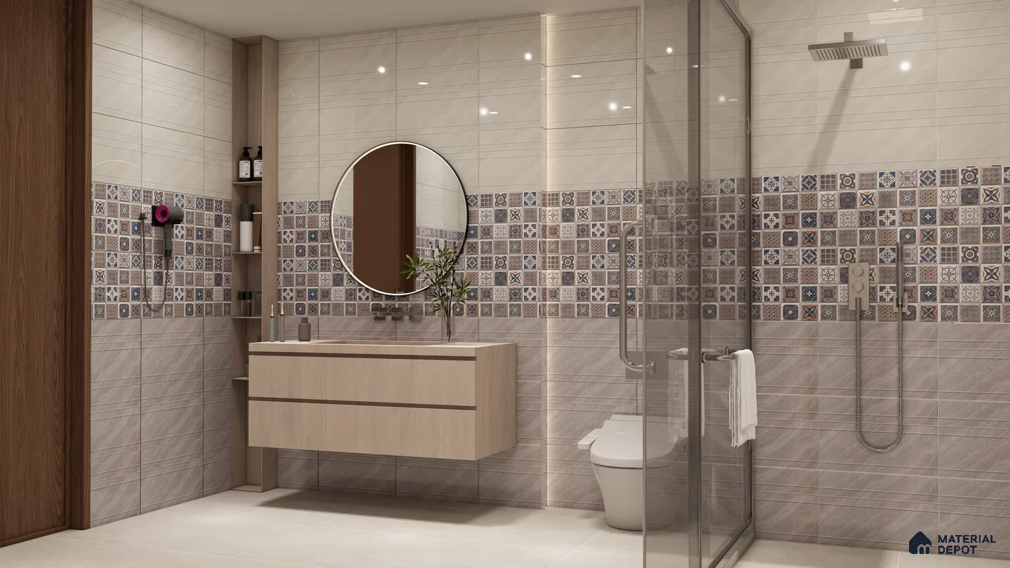 Chevron Teal Tile Bathroom with Modern Blue Accents | Material Depot