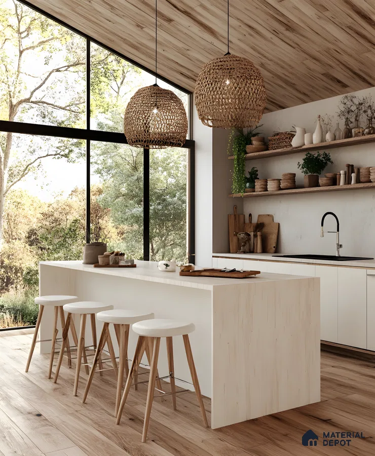 Rustic Scandinavian Kitchen with Natural Light and Woven Accents | Material Depot