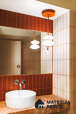 Rustic Terracotta Bathroom Vanity with Marble Countertop and Pendant Lighting | Material Depot