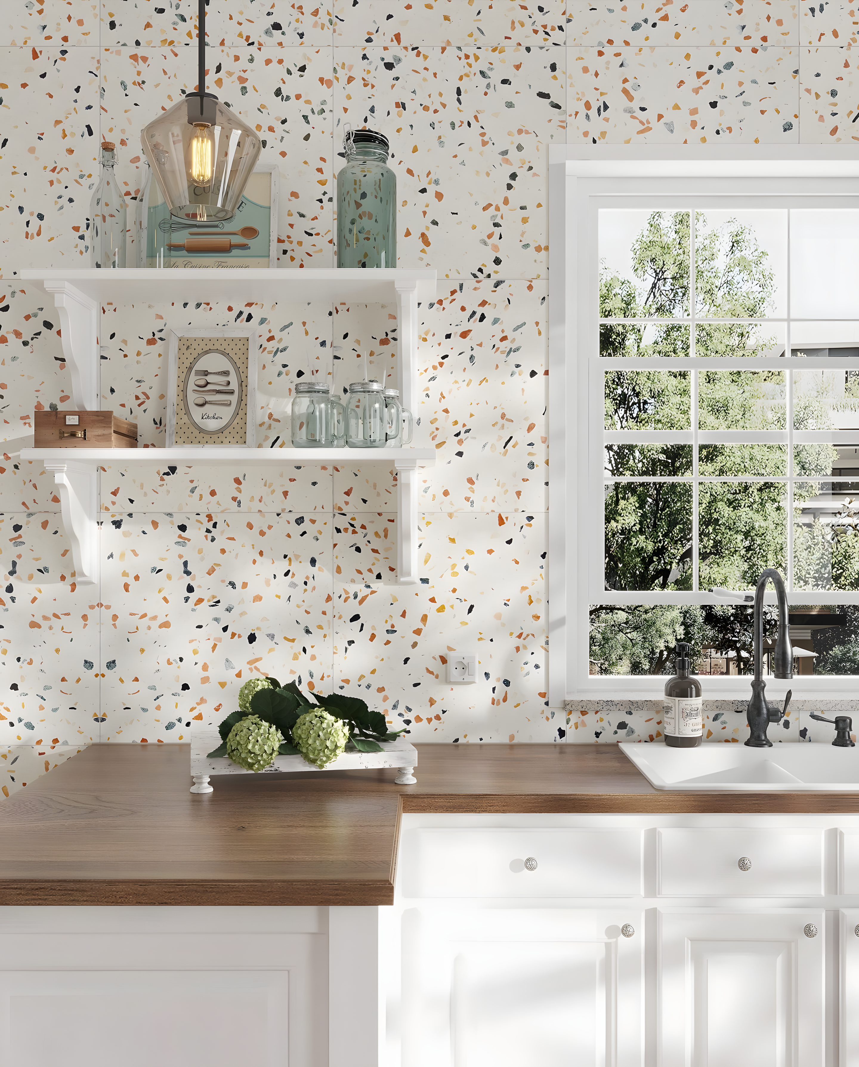 Rustic Terrazzo Kitchen With Wooden Countertops And Open Shelving | Material Depot