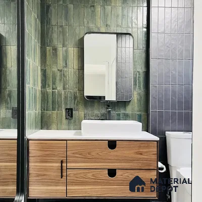 Rustic Tranquility Vertical Green Tiles and Mixed Textures in Bathroom | Material Depot