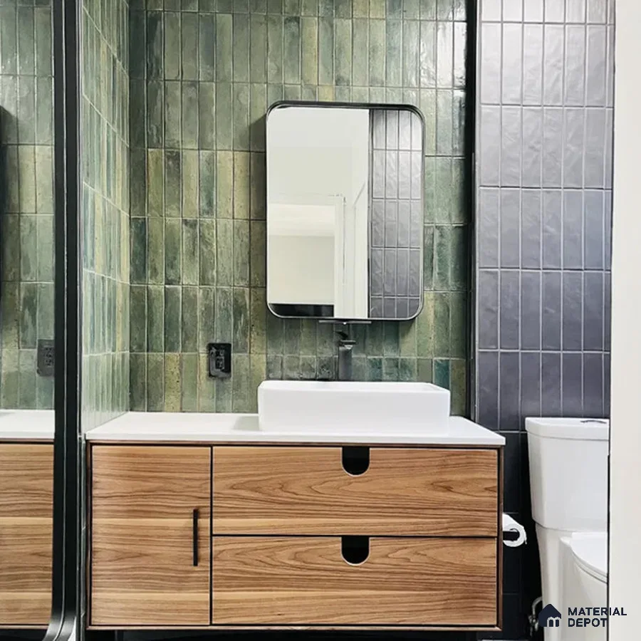 Rustic Tranquility Vertical Green Tiles and Mixed Textures in Bathroom | Material Depot