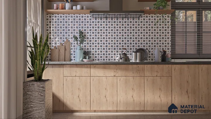 Rustic Wooden Laminate Cabinets with Patterned Backsplash for Cozy Kitchen Design | Material Depot