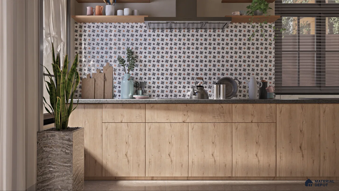 Rustic Wooden Laminate Cabinets with Patterned Backsplash for Cozy Kitchen Design | Material Depot