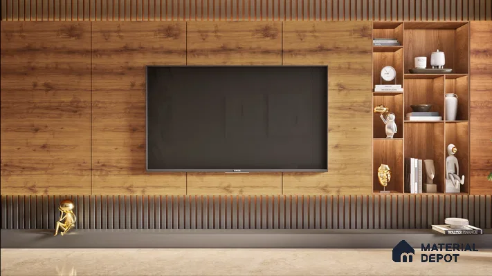 Rustic Wooden Laminate TV Unit with Fluted Paneling for Stylish Living Room | Material Depot