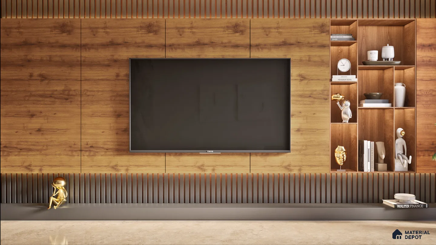 Rustic Wooden Laminate TV Unit with Fluted Paneling for Stylish Living Room | Material Depot
