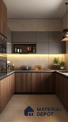 Rustic Wood-Finished Kitchen with Matte Cabinets and Warm Lighting | Material Depot
