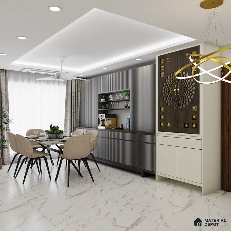 Elegant grey dining room with crockery unit