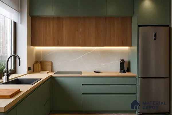 Sage Green and Walnut Kitchen with Marble Backsplash and Oak Countertop | Material Depot