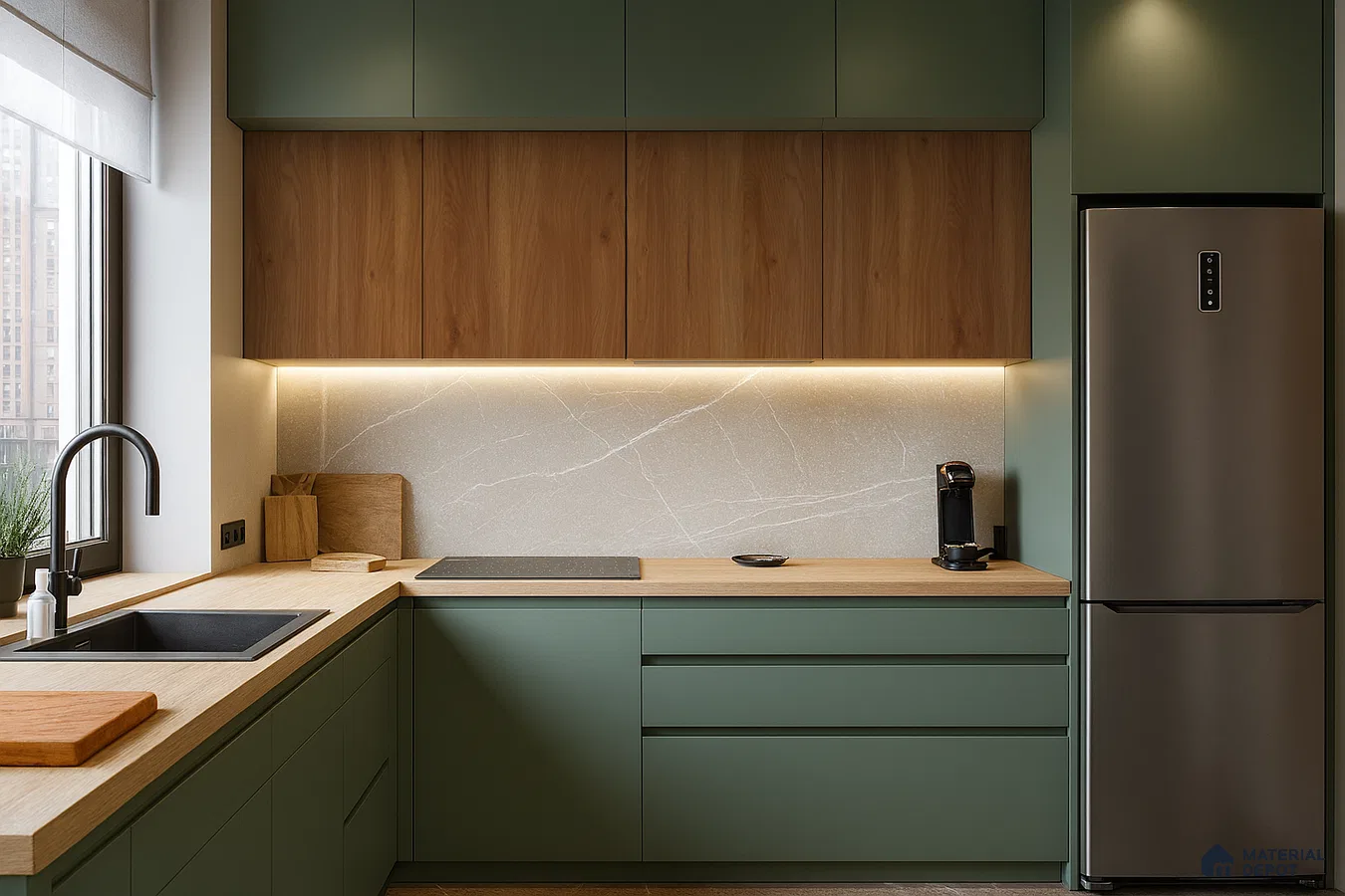 Sage Green and Walnut Kitchen with Marble Backsplash and Oak Countertop | Material Depot