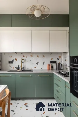 Sage Green And White Kitchen With Terrazzo Tiles And Brass Accents | Material Depot