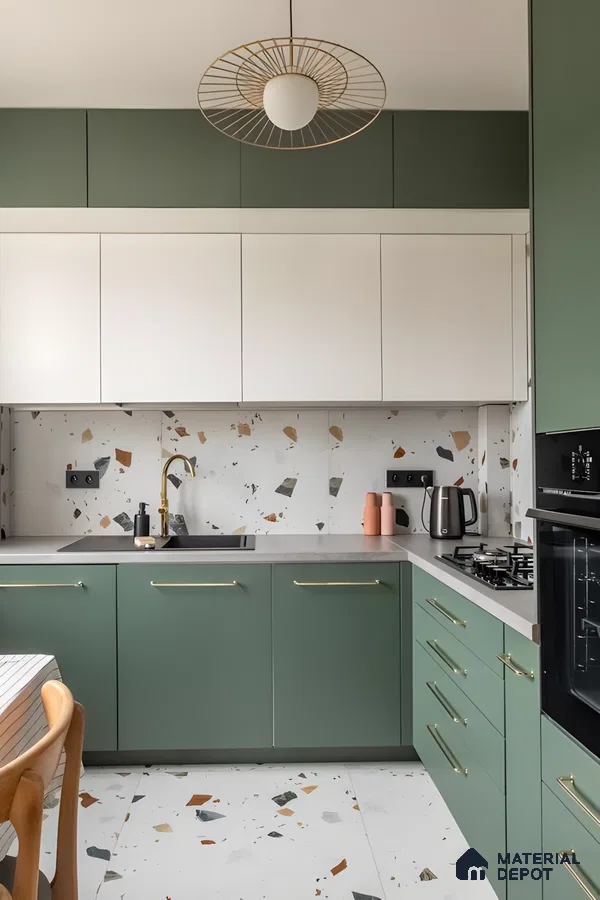 Sage Green And White Kitchen With Terrazzo Tiles And Brass Accents | Material Depot