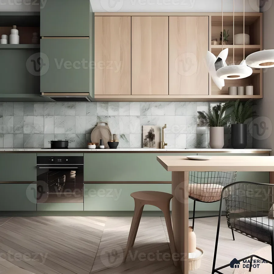 Sage Green And Wood Finish Kitchen With Marble Tile Backsplash | Material Depot