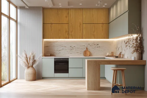 Warm Wood and Marble Kitchen with Island Seating | Material Depot