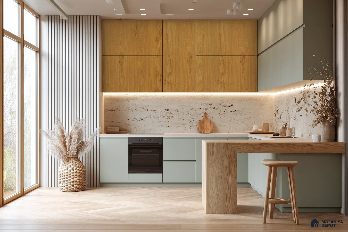 Warm Wood and Marble Kitchen with Island Seating | Material Depot