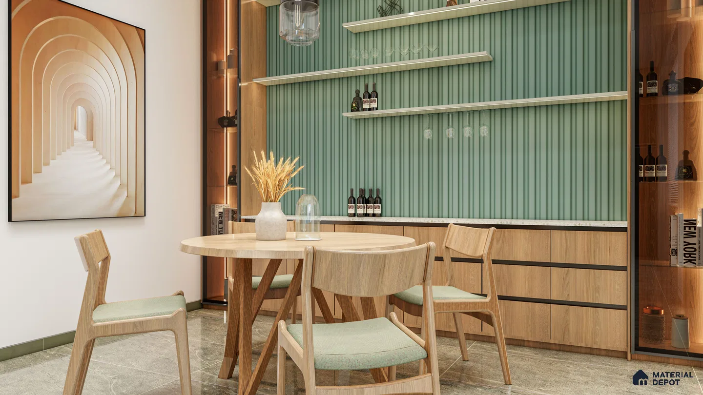Sage Green Dining Nook with Fluted Accent Wall and Wooden Storage | Material Depot