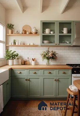 Sage Green Kitchen: Contemporary Cabinets With White Marble Countertops And Gold Hardware | Material Depot