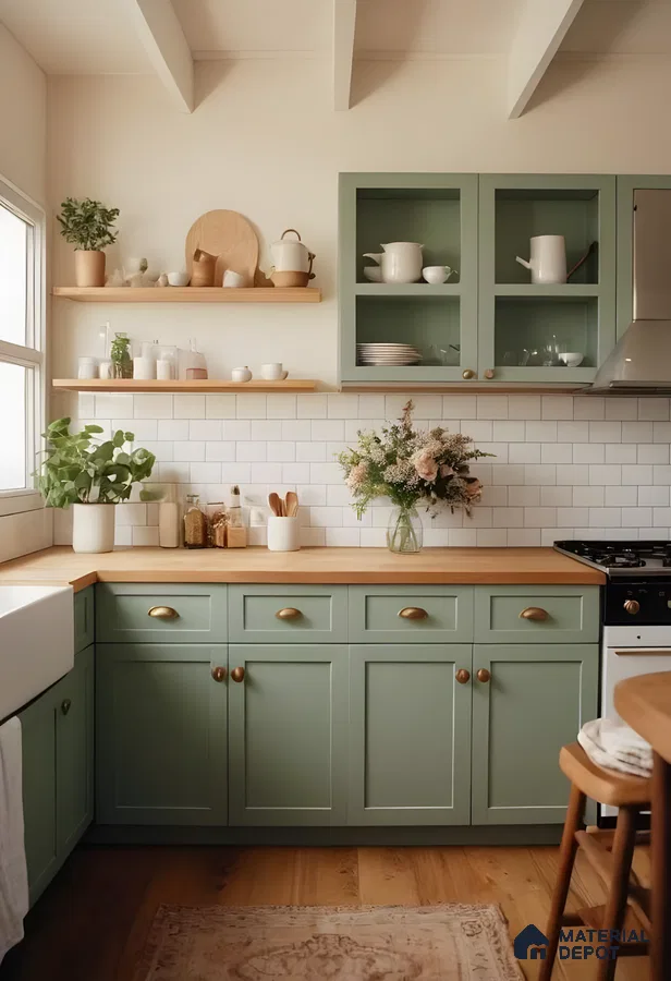 Sage Green Kitchen: Contemporary Cabinets With White Marble Countertops And Gold Hardware | Material Depot