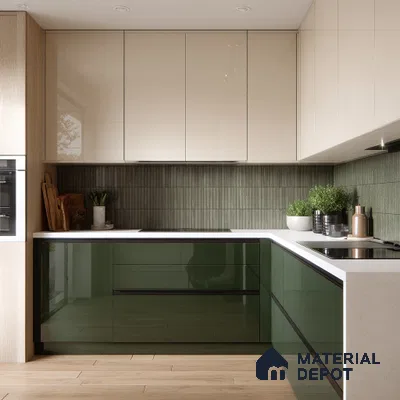 Modern kitchen with olive green high gloss laminate, beige laminate, and green kitkat backsplash tile